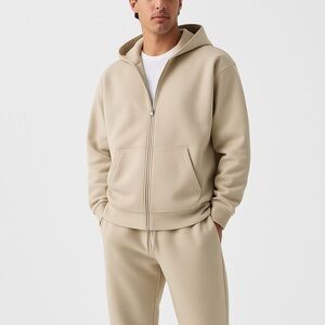 H&M Men’s Beige Full Zip Hoodie – Minimalist Zip-Up Sweatshirt Jacket
